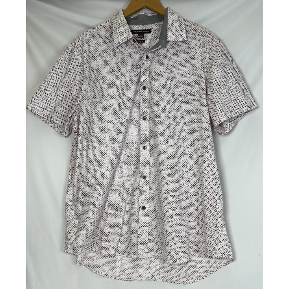Michael Kors Men's Shirt Button Down Short Sleeve White Maroon Pattern Size XL